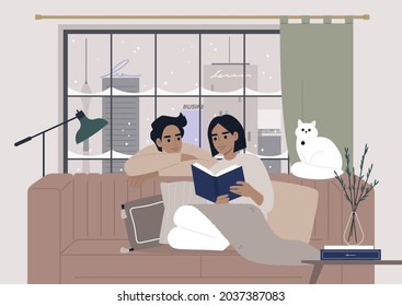 Cozy winter interior, a couple reading a book together, Christmas holidays