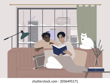 Cozy winter interior, a gay couple reading a book together, Christmas holidays