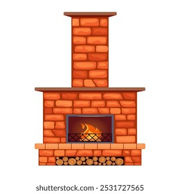 Interior de invierno acogedor ladrillos rojos hoguera o hogar con chimenea y chimenea. Chimenea clásica de piedra con valla de hierro tallada, llama ardiente invitando a la comodidad y la relajación. Vector plano