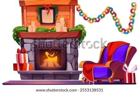 Cozy winter interior with stone fireplace with glowing flames and comfortable armchair near. Christmas decorative garland, lit candles, wrapped gift boxes. Home setting for festive celebrations.