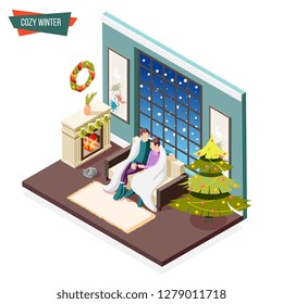 Cozy winter isometric design concept with man and woman covered by warm plaid sitting near fireplace vector illustration