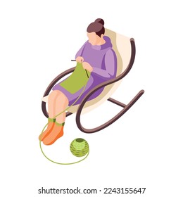 Cozy winter isometric icon with woman knitting on rocking chair vector illustration