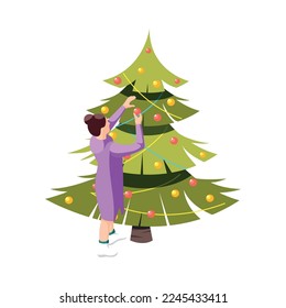 Cozy winter isometric icon with woman decorating christmas tree with colorful baubles vector illustration