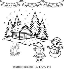Un acogedor paisaje invernal con una Pequeña cabaña de madera, pinos nevados, un feliz muñeco de nieve y un lindo elfo. Este arte de línea en blanco y negro es perfecto para actividades de colorear de vacaciones para niños.