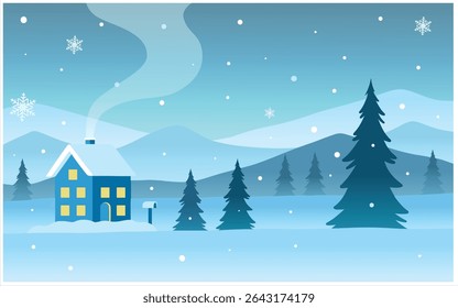 Cozy winter landscape illustration featuring a small blue house with glowing yellow windows, surrounded by pine trees and snow-covered ground. Snowflakes gently fall from the sky, with distant blue mo