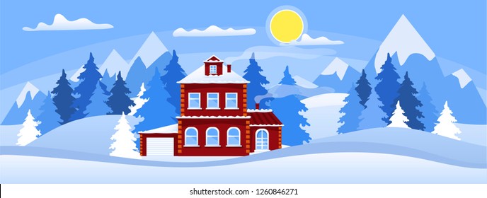 Cozy winter landscape with a red house, mountains, sky and pines. Horizontal illustration