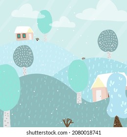 Cozy winter landscape. Vector illustration of a winter village.