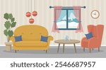 Cozy winter living room interior with snowfall outside the window. Living room interior with red armchair, sofa, window, clock and houseplant. Living room. Home furniture. Vector illustration in flat 