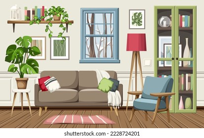 Cozy winter living room interior with snowy trees outside the window. Modern colorful interior design with a sofa, and armchair, a bookcase, and houseplants. Cartoon vector illustration