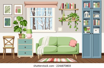 Cozy winter living room interior with snowfall outside the window. Modern interior design with a green sofa, a blue bookcase, a dresser, and houseplants. Cartoon vector illustration