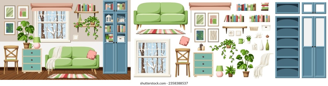 Cozy winter living room interior with snowfall outside the window. Modern interior design with a green sofa, a blue bookcase, a dresser, and houseplants. Furniture set. Interior constructor