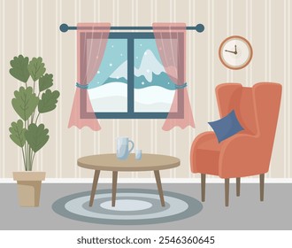 Interior acogedor de la sala de estar de invierno con nevadas fuera de la ventana. Interior de la sala de estar con sillón rojo, ventana, reloj y planta de casa. Sala de estar. Muebles para el hogar. Ilustración vectorial en estilo plano.