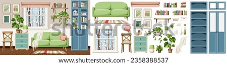 Cozy winter living room interior with snowfall outside the window. Modern interior design with a green sofa, a blue bookcase, a dresser, and houseplants. Furniture set. Interior constructor