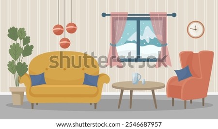 Cozy winter living room interior with snowfall outside the window. Living room interior with red armchair, sofa, window, clock and houseplant. Living room. Home furniture. Vector illustration in flat 