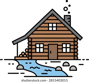 Cozy Winter Log Cabin in Snowy Landscape Vector Illustration