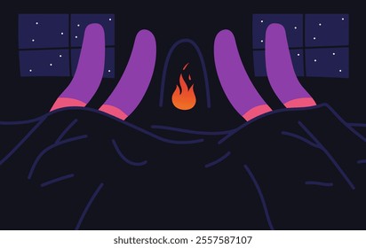 Cozy winter. Сouple in love lies under a blanket in winter socks in a cozy interior near the fireplace. Outside the window is an winter landscape. Vector illustration in flat style