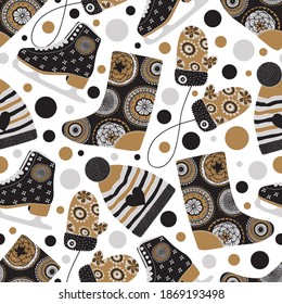 Cozy winter mittens, hats, ice skates and boots. Vector seamless pattern. Can be used in textile industry, paper, background, scrapbooking.