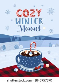 Cozy Winter Mood Hot cocoa cup on buffalo plaid flat vector typography poster. Hand drawn hot chocolate drink mug, marshmallow cartoon. Cute coffee cup Winter seasonal holiday background illustration