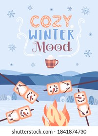 Cozy Winter Mood smore party welcome vector poster. Outdoor fun cartoon. Cute Snowman marshmallow pops candy roast on campfire. Winter season holiday leisure s'mores picnic background illustration