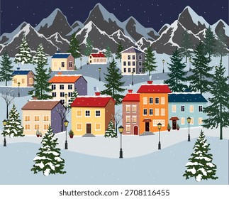 Acogedora ciudad montañosa de invierno, invierno acogedor, lindas casas luminosas, nieve, estación invernal, Navidades, vacaciones de Navidad
