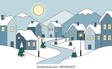 Cozy winter night landscape portrays a peaceful snow-covered village under majestic mountains and a glowing moon.