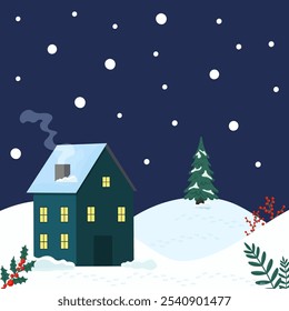 A cozy winter night scene with a snow-covered house and a Christmas tree in the background