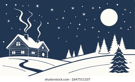 Cozy winter night scene with a snow-covered cabin, pine trees, and a full moon under a starry sky. Ideal for holiday greetings or serene seasonal designs.