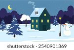 A cozy winter night with a snow-covered house and cheerful snowman under a starry sky