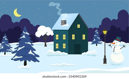 A cozy winter night with a snow-covered house and cheerful snowman under a starry sky