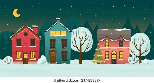 Cozy Winter Night Town with Christmas Decoration. Christmas Background with Houses and Christmas tree