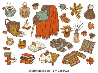 Cozy winter object set - warm clothes, home decorations, hot drink and house plants in hand drawn cartoon style isolated on white background. Vector illustration.