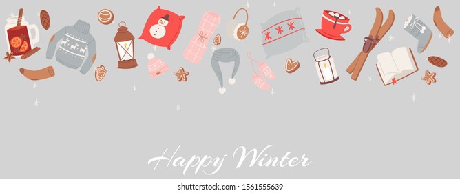 Cozy winter objects for holidays vector illustration. Gingerbread cookies, mittens, socks and lantern, snowflakes, plaid, sweater with book, ski for happy winter banner on grey background.