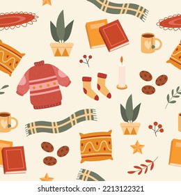 Cozy winter objects seamless pattern