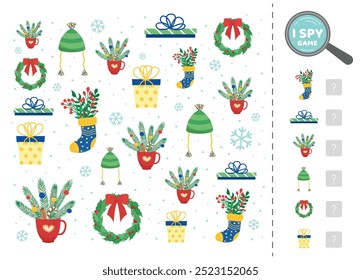 Cozy winter objects in I spy game for kids. Search and count how many. Math game. Isolated vector illustration eps 10