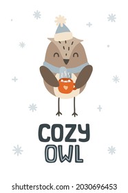 Cozy winter owl with mug of cocoa poster. Print for wall art, apparel, card, textile, fabric, nursery, stationery, nursery.