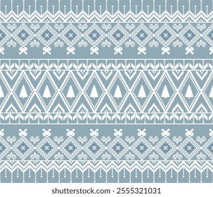 A Cozy winter pattern featuring geometric shapes, trees, and bows in blue and white. Perfect for festive designs and textiles