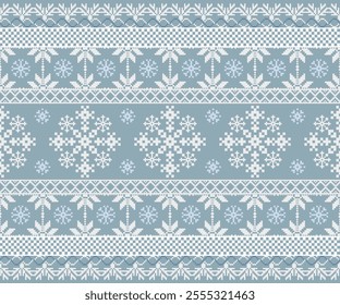 A Cozy winter pattern featuring snowflakes and leaves in blue and white. Perfect for festive designs