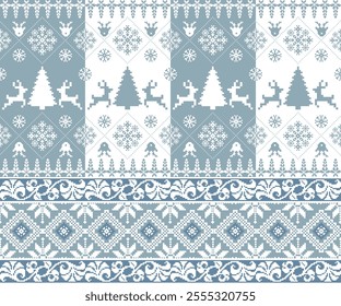 A Cozy winter pattern featuring trees, reindeer, and snowflakes in blue tones. Perfect for festive designs and holiday decorations