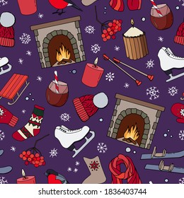 Cozy winter pattern. Skates, sledges, skis, fireplace, hat, scarf, socks, felt boots, mittens, bullfinch, candle, cocoa, viburnum, snowflakes. Design for fabric, packaging, wallpaper.
