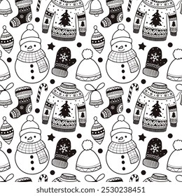 Cozy winter patterns featuring snowmen, sweaters, and festive decorations in black and white. Delightful winter-themed decorations showcase snowmen, cozy sweaters, and mittens in monochrome.
