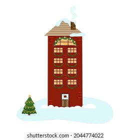 A cozy winter red house with five floors, decorated with fir garlands for Christmas. A festive winter city. Vector illustration for design, decor, postcards.