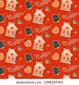 Cozy winter red pattern with a gingerbread houses, Christmas trees, hearts and bells. Winter lettering. Vector design surfaces