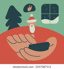 Cozy winter. Santa Claus orders home delivery in a cozy home atmosphere near the New Year tree and fireplace. Outside the window is an winter landscape. Vector illustration in flat style.