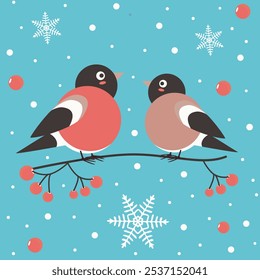 A cozy winter scene of bullfinch couple perched on a branch, tiny snowflakes fall gently around. A perfect illustration for a heartwarming children’s book. 