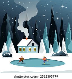 A cozy winter scene with a cottage, ice skaters, and snow-covered trees, created in a flat vector style. Perfect for holiday and winter designs.