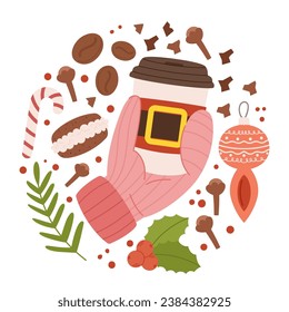 Acogedora Escena De Invierno Con Mano En Unas Cunas De Mitten Una Copa De Café De Papel De Navidad Con Un Diseño De Cinturón De Santa Con Especias, Radiante Calor De Vacaciones Y Alegría. Ilustración del vector de dibujos animados