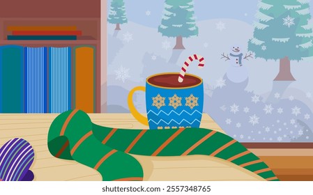 Cozy winter scene with hot chocolate, mitten, shawl and frozen windows. Cartoon illustration background in vector design for winter printable, postcards,and social media greetings. 