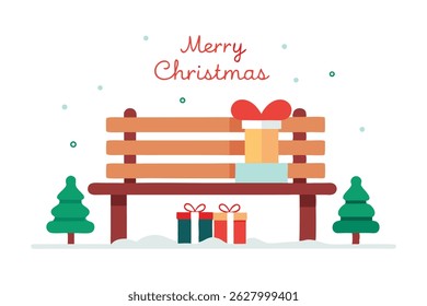 A cozy winter scene of a snow-covered park bench with wrapped gifts and a handwritten 'Merry Christmas' note. Cinematic style on a clean white background, ideal for seasonal visuals and web use.