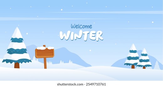 A cozy winter scene with snow-covered pine trees and a wooden sign welcoming visitors. The clear blue sky and the soft snowfall create a peaceful atmosphere. Perfect for winter-themed designs 