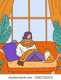 Cozy winter scene woman relaxing home warmth. A woman in a sweater and scarf sits on a couch with a cat by her side in a room with large windows and plants